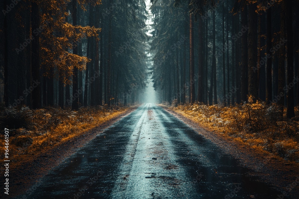 Fototapeta premium Misty autumn forest road with puddles and vibrant fall foliage