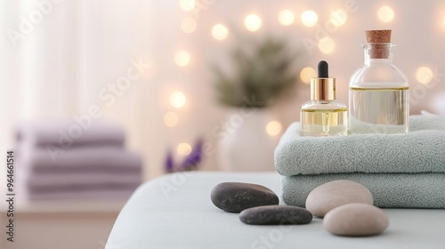 Spa treatment table with fresh eucalyptus, lavender oil, and hot stones, promoting tranquility