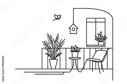 one line drawing of balcony with chair and flowerpot. Single line design vector graphic illustration