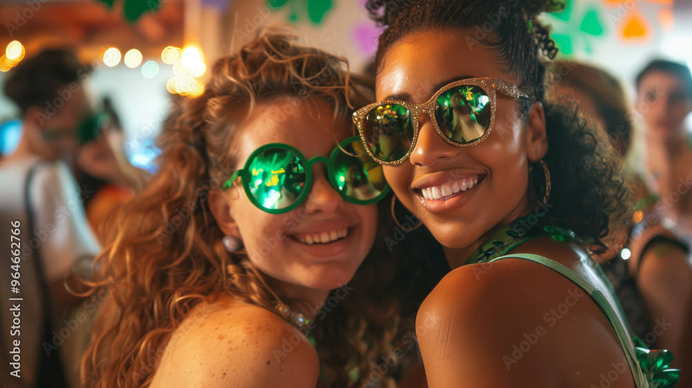 Two women wearing green sunglasses and smiling at the camera Two women wearing green sunglasses and smiling at the camera