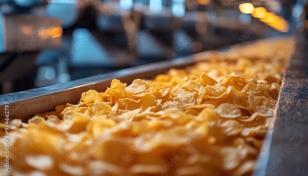 Freshly fried potato chips moving on a conveyor belt in a factory Freshly fried potato chips moving on a conveyor belt in a factory