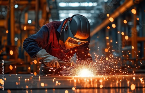 An expert worker in an industrial setting, using protective gear and a helmet, is welding a metal piece and producing dazzling sparks.