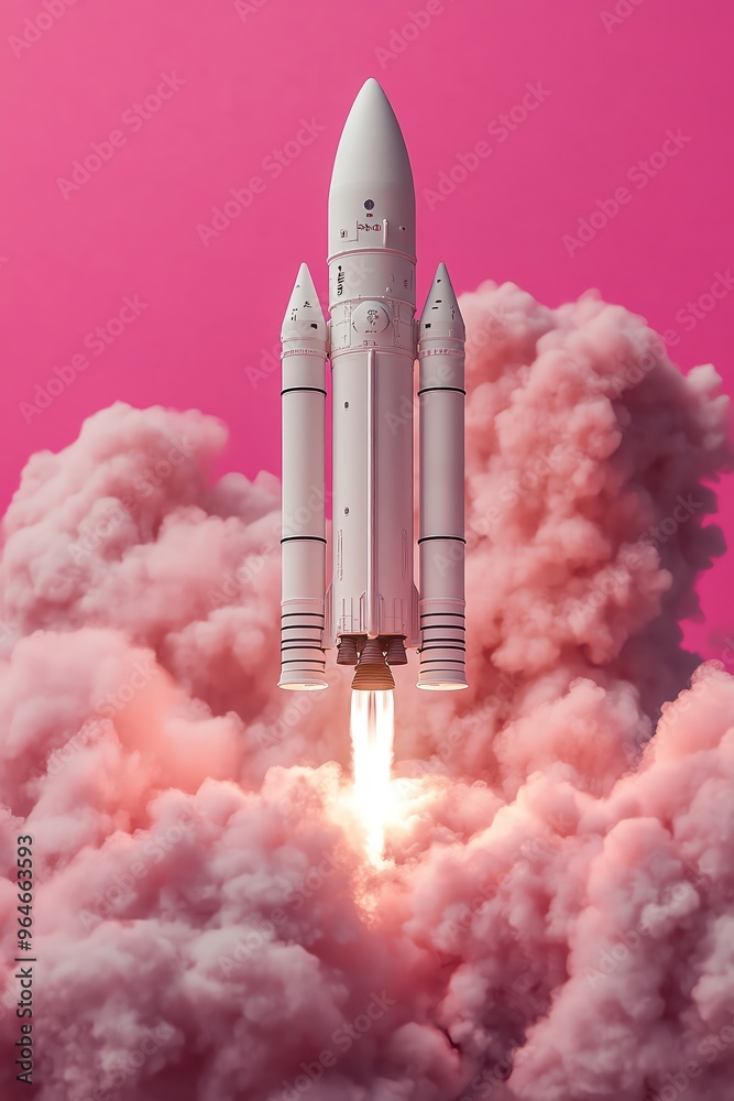 Minimalistic white rocket launching amidst pink smoke, set against a vivid pink backdrop Minimalistic white rocket launching amidst pink smoke, set against a vivid pink backdrop