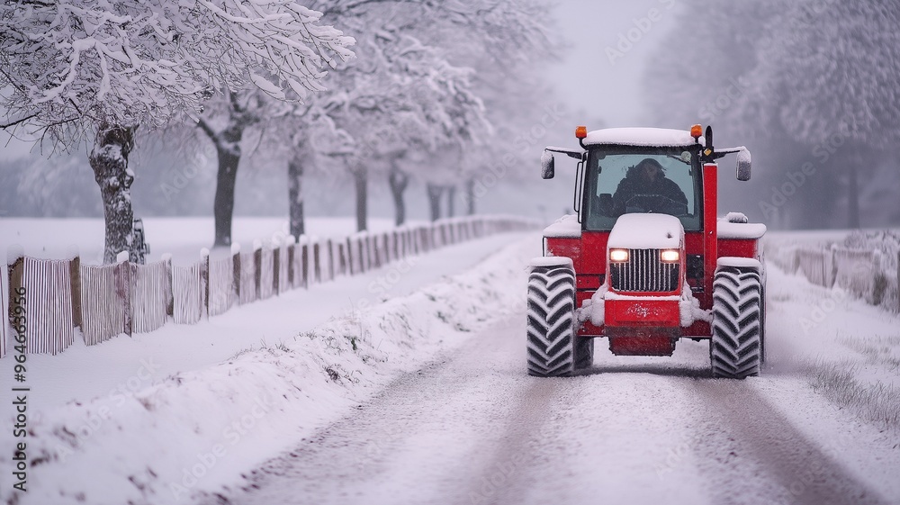 After a winter snowfall, a tractor clears the road of snow. After a winter snowfall, a tractor clears the road of snow.