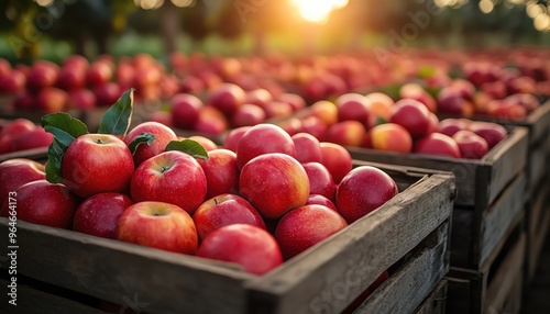 Rows of fresh apples packed in crates, stretching out in a vast orchard photo