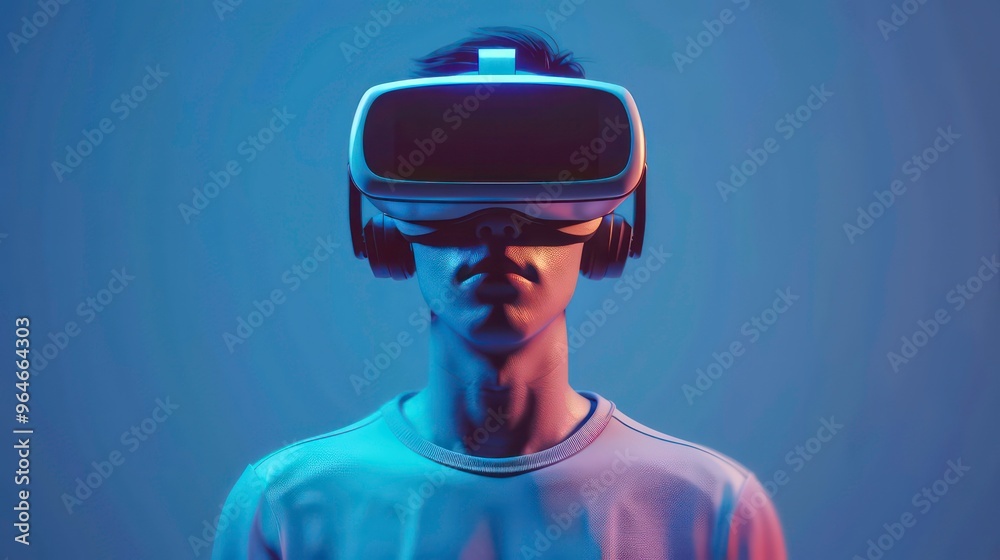 A young man wearing a VR headset with a blue and purple background. A young man wearing a VR headset with a blue and purple background.