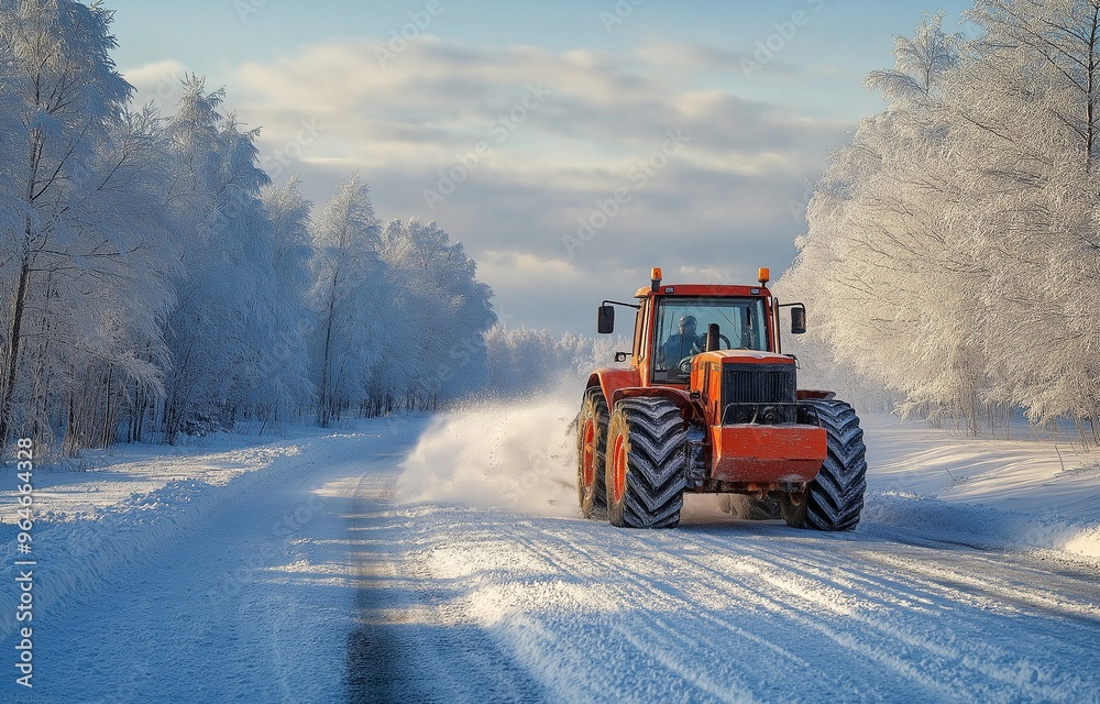 After a winter snowfall, a tractor clears the road of snow. After a winter snowfall, a tractor clears the road of snow.