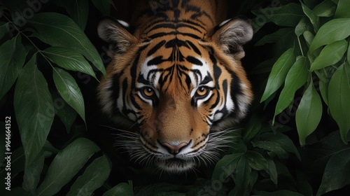 A tiger stalking its prey in the dense jungle, with a sense of stealth and danger.