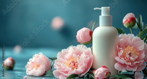 Soft pink peonies with a white lotion bottle, serene skyblue background