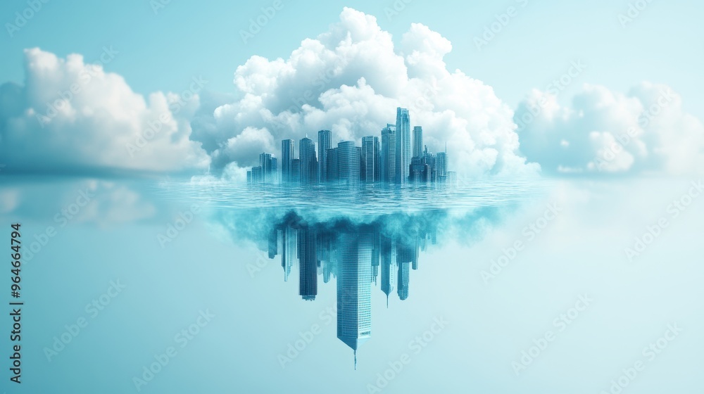 Fototapeta premium A cityscape dissolving into a pool of water, creating an illusion of a flooded world.