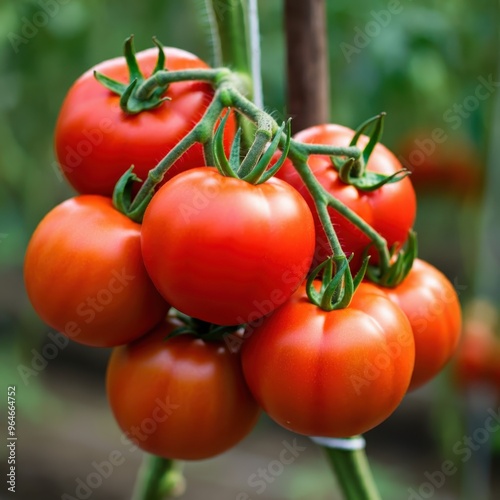 tomatoes, fresh, ripe, red, plump, cluster, vine, green stems, realistic, detailed, photorealistic, high resolution, closeup