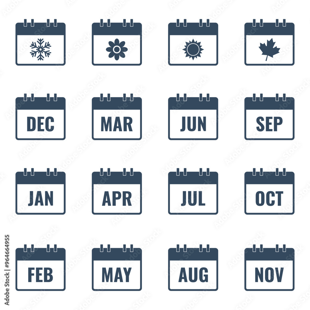 Fototapeta premium month name in calendar, flat style vector illustration, winter snowflake, spring flower, summer sun, autumn leaf