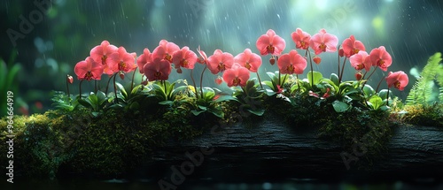 Vibrant pink orchids blooming on a mossy log in a serene, forested setting photo