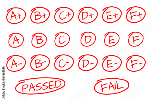 red handwritten all education letter grades, homework score vector set