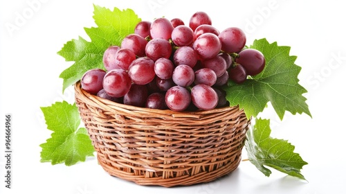 Fresh Red Grapes in a Wicker Basket with Green Leaves, Perfect for Summer Snacks or Delicious Recipes