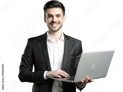 A businessman is standing in a studio, isolated on a grey background, working on a laptop with a concentrated expression transparent background png file,
