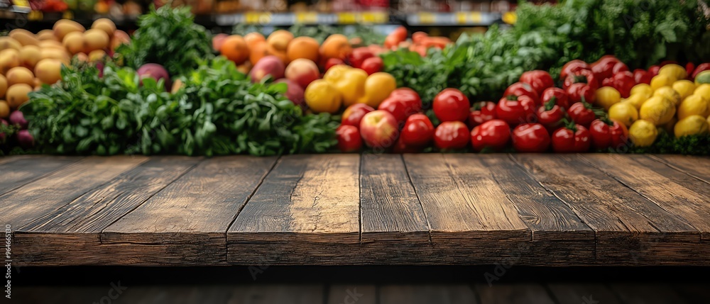 Wooden table in front of a colorful produce aisle, grocery store, blurred background Wooden table in front of a colorful produce aisle, grocery store, blurred background