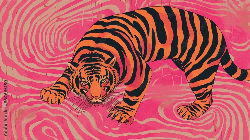 A beautiful artistic representation of a tiger prowling through a vibrant, colorful jungle setting with abstract patterns. A beautiful artistic representation of a tiger prowling through a vibrant, colorful jungle setting with abstract patterns.