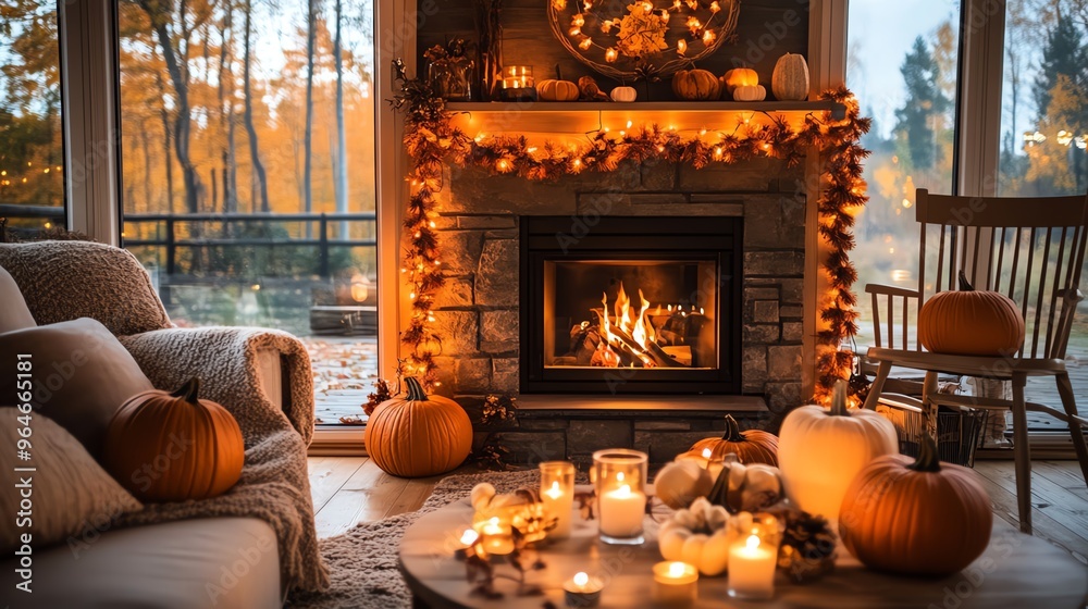 Obraz premium Cozy autumn scene with pumpkins, glowing candles, and a warm fireplace, perfect for celebrating the fall season indoors.