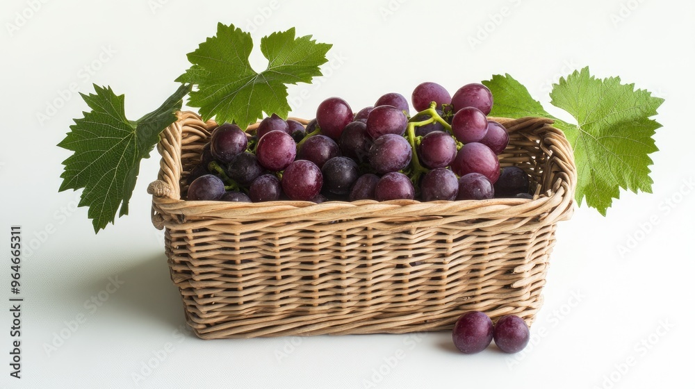 Fresh Red Grapes in a Wicker Basket with Green Leaves - A Delightful Display of Natural Beauty Fresh Red Grapes in a Wicker Basket with Green Leaves - A Delightful Display of Natural Beauty