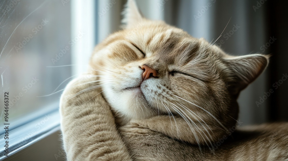 A relaxed cat peacefully sleeping by the window, showcasing tranquility and comfort. A relaxed cat peacefully sleeping by the window, showcasing tranquility and comfort.
