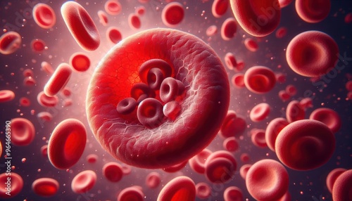 Detailed Hemoglobin in Blood Visualization, Showcasing Red Blood Cells with Their Biconcave Shape and the Role of Hemoglobin in Oxygen Transport.