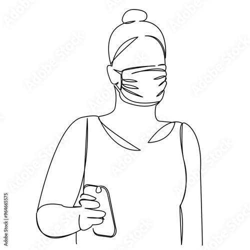 One continuous single drawing line art flat doodle girl, mask, protection, virus, woman. Isolated image hand draw contour on a white background
