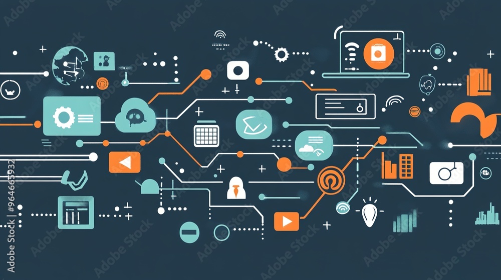 Naklejka premium Marketing Automation Software: Global Business Growth, CRM, Digital Strategy, Process Automation, Online Development