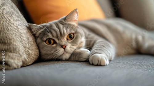 A relaxed gray cat lounging on a sofa, showcasing its large eyes and soft fur.