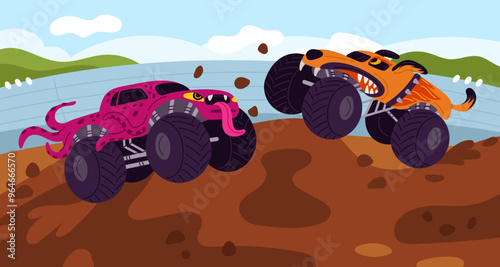 Monster trucks show. Extreme overcoming of obstacles. Battle of aggressively painted jeeps. Large SUV competitions. Speed drive. Vehicles in dirt. Transport rally. Garish vector concept