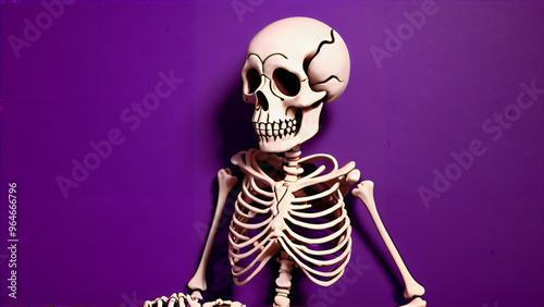 A festive mix of fun and fiction: a Día de los Muertos celebration with skeletons on a purple background, a mix of art, symbolism and mystery to honor the deceased through the contrasting elements photo