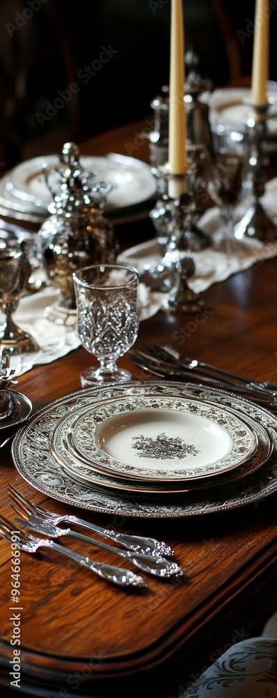 Fototapeta premium Elegant Evening Place Setting of a Richly Carved Antique Wooden Table with Vintage Silverware and China, Indoors in a Traditional Dining Room, Capturing a Timeless Dining Experience
