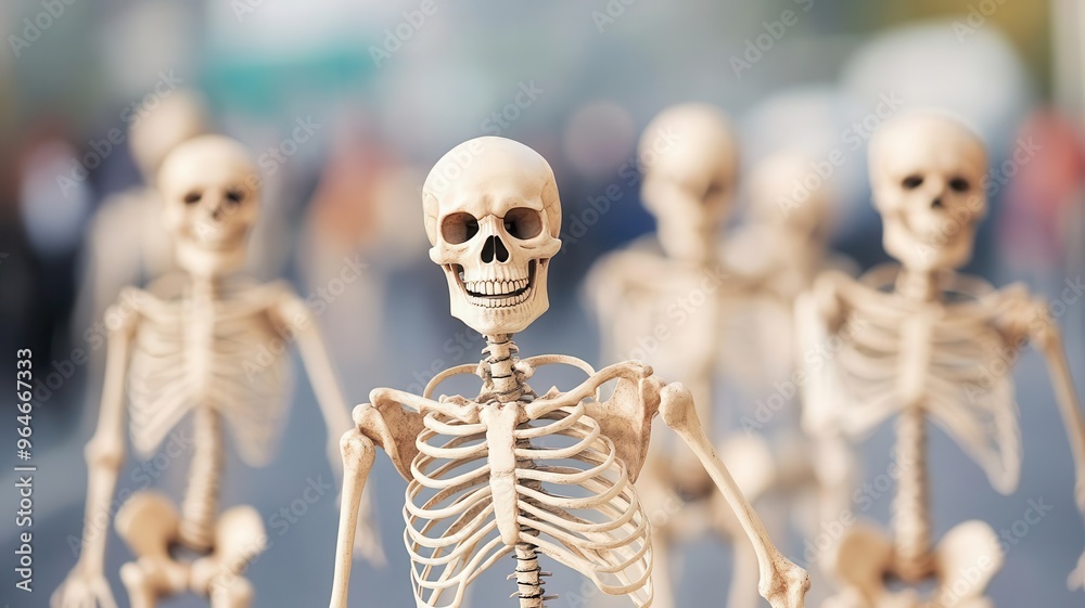 Obraz premium Group of skeletons in a lively parade, Day of the Dead, symbolizing the joyous celebration of death