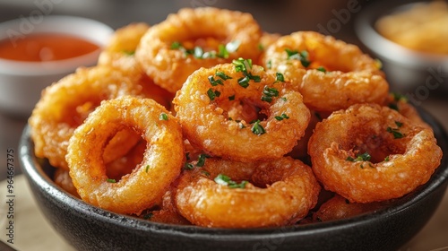 A bowl of crispy onion rings garnished with herbs.