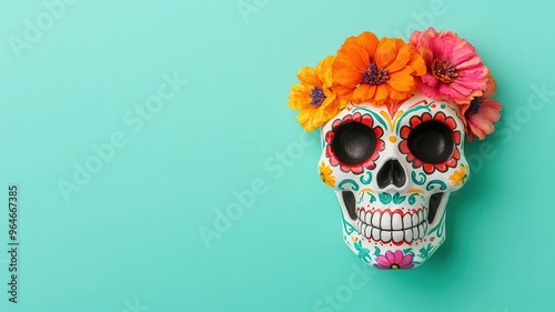 Hand-painted skull with vibrant flowers, Day of the Dead, representing the celebration of life