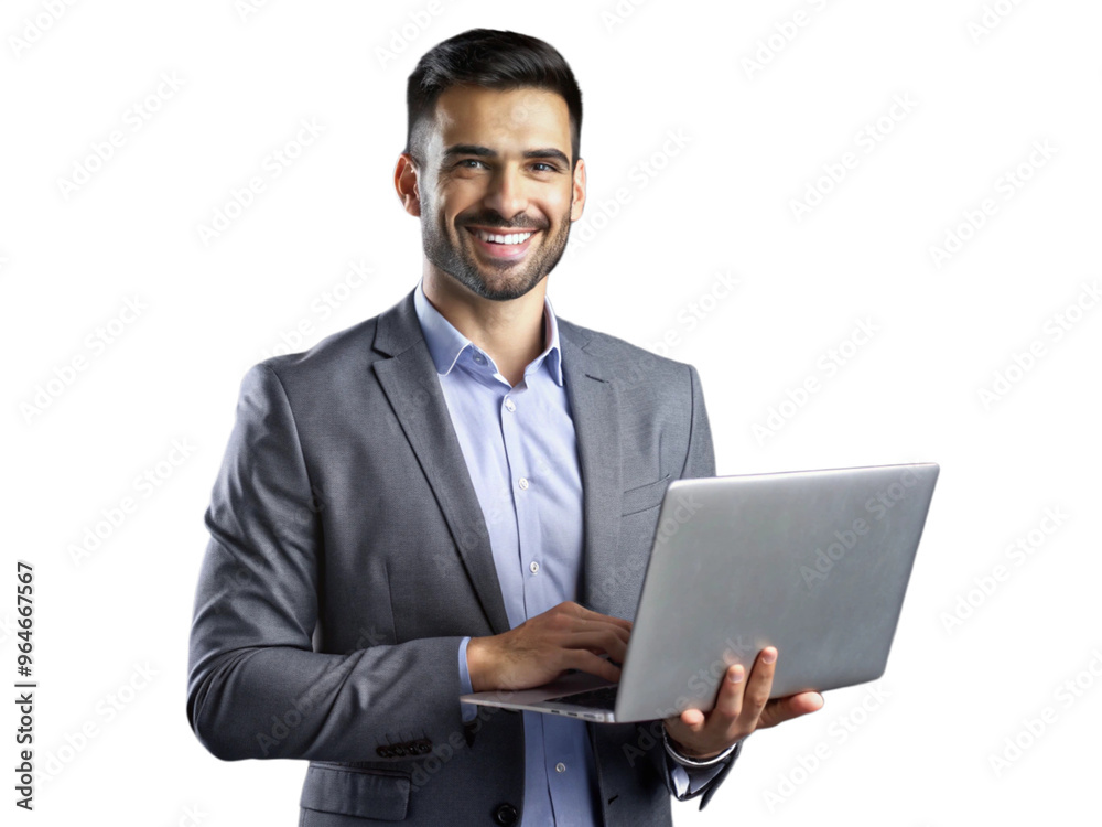 A businessman is standing in a studio, isolated on a grey background, working on a laptop with a concentrated expression transparent background png file, A businessman is standing in a studio, isolated on a grey background, working on a laptop with a concentrated expression transparent background png file,