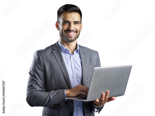 A businessman is standing in a studio, isolated on a grey background, working on a laptop with a concentrated expression transparent background png file,