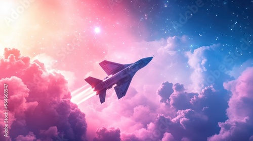 A spaceship soaring through a nebula, surrounded by shimmering stars and cosmic dust.