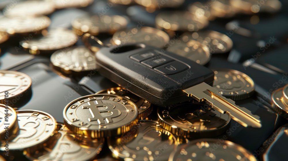A car key lies on a pile of gold Bitcoin cryptocurrency coins, suggesting the value of cryptocurrency in the modern world.