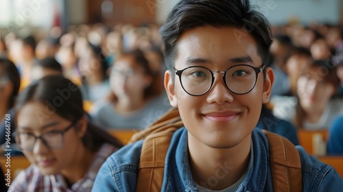A young man with glasses and a beard is smiling for the camera. He is wearing a blue jacket and a backpack