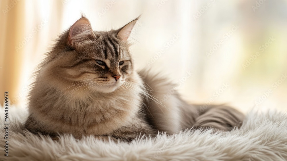 Fototapeta premium A serene cat resting on a fluffy surface, bathed in soft natural light.