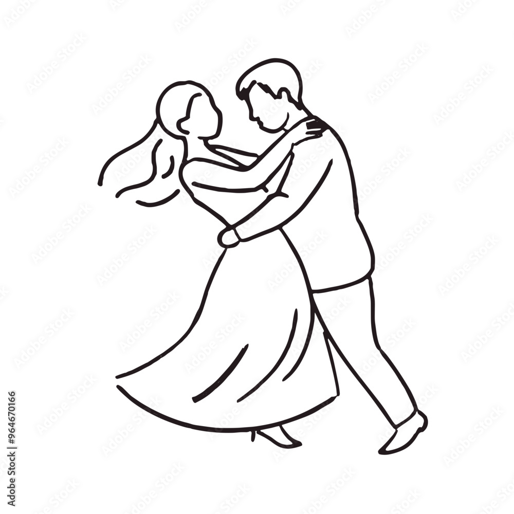 Stylized line drawing of a couple dancing elegantly in a joyful ballroom atmosphere Stylized line drawing of a couple dancing elegantly in a joyful ballroom atmosphere