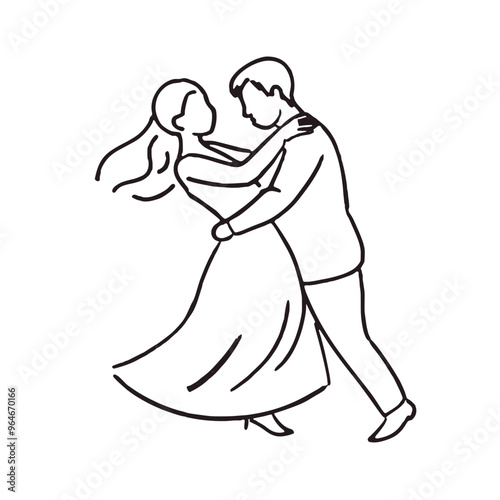 Stylized line drawing of a couple dancing elegantly in a joyful ballroom atmosphere