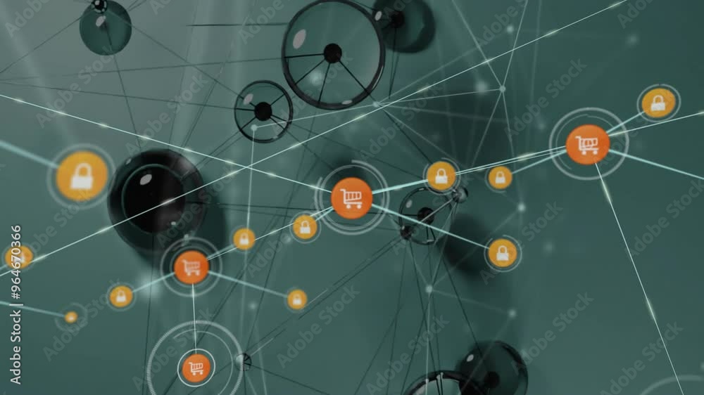 Animation of network of connections with shopping icons over green background Animation of network of connections with shopping icons over green background