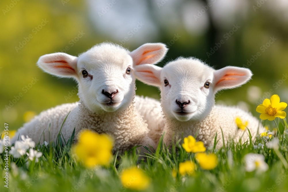 Easter lambs playing in a field surrounded by blossoming flowers and soft green grass, representing new life and renewal Easter lambs playing in a field surrounded by blossoming flowers and soft green grass, representing new life and renewal