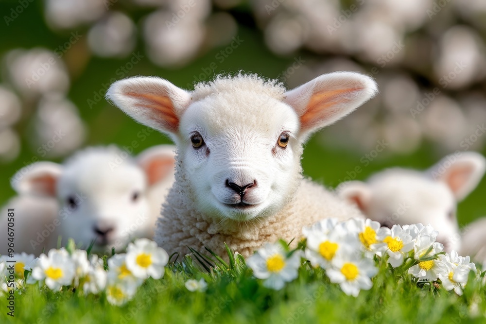 Easter lambs playing in a field surrounded by blossoming flowers and soft green grass, representing new life and renewal Easter lambs playing in a field surrounded by blossoming flowers and soft green grass, representing new life and renewal