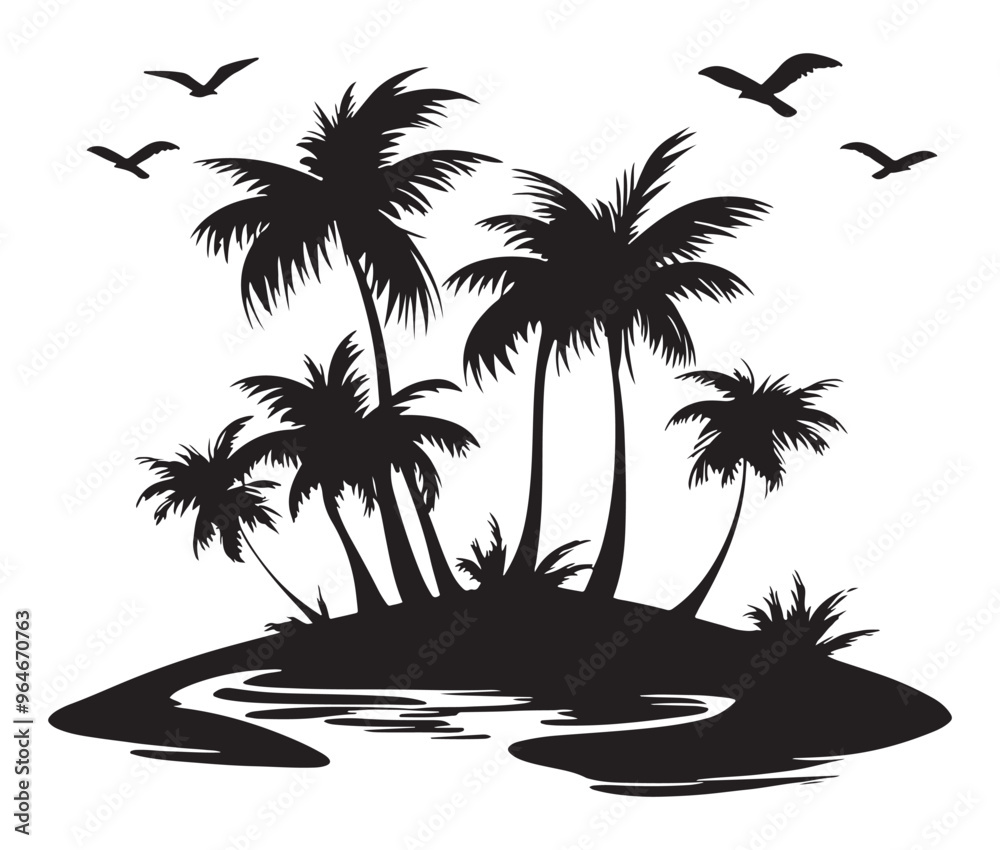 Tropical island with palm trees silhouette on the beach Summer vacation vector Tropical island with palm trees silhouette on the beach Summer vacation vector