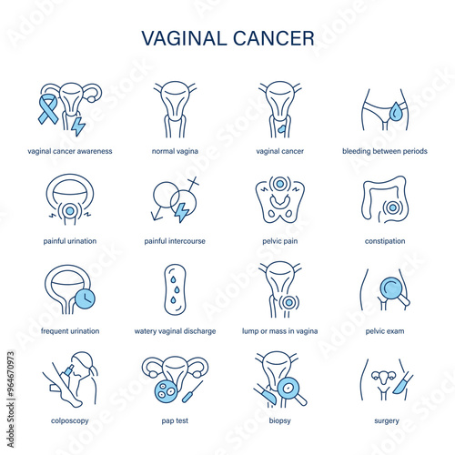 Vaginal Cancer symptoms, diagnostic and treatment vector icons. Medical icons.