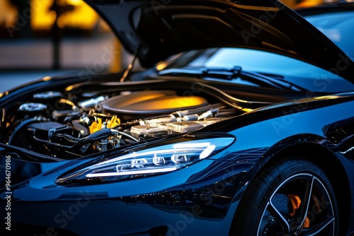 Engine bay of a high-performance sports car, revealing the intricate components and sleek design photo