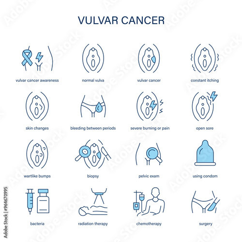 Vulvar Cancer symptoms, diagnostic and treatment vector icons. Medical icons.
